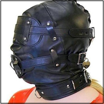 Gagged woman wearing locked BDSM hood with leather collar