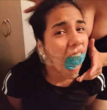 Clean My Dirty Panties With Your Mouth! Panty gagged girl with clear tape gag wrapped around her head