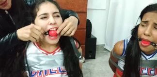 Cheerleader Rivals In Bondage Ball gagged cheerleaders in bondage