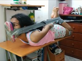 Bound Babysitter Has Stinky Shoe Tied To Her Face Hogtied babysitter in barefoot humiliation bondage