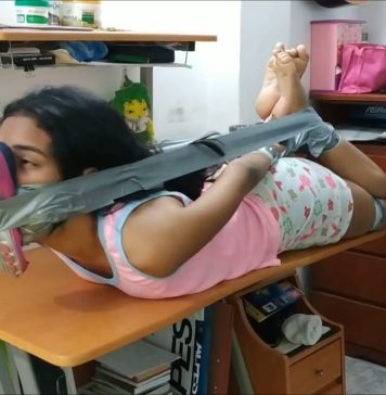 Bound Babysitter Has Stinky Shoe Tied To Her Face Hogtied babysitter in barefoot humiliation bondage