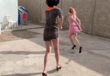 Bound and gagged girl tries to escape