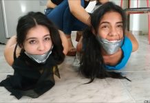 Two girls hogtied and gagged