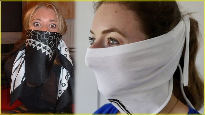 Two women gagged with scarves over the mouth and nose