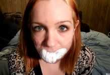 College girl self gagged with socks and clear tape