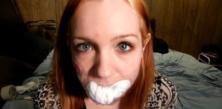 Self Gagged College Student Gets Bondage College girl self gagged with socks and clear tape