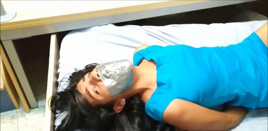 18-Year-Old Party Girl Toyed By Criminal Bondage MILF Duct tape gagged girl tied on a bed