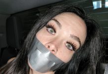 Tape gagged girl looking scared and helpless