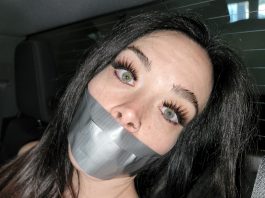 Kidnapped Hiker All Taped Up In The Backseat! Tape gagged girl looking scared and helpless