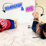 Old nanny hogtied and gagged next to cute bondage girl
