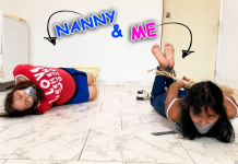 Old nanny hogtied and gagged next to cute bondage girl