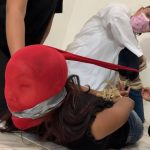 Pantyhose hooded girl gagged and hogtied by doctor and two women