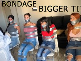 Four duct tape tied ladies bound on chairs are all tape wrap gagged by a female doctor.