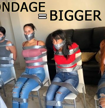Doctor Boobsie Boo’s Bondage Boob Enlargement Clinic Four duct tape tied ladies bound on chairs are all tape wrap gagged by a female doctor.