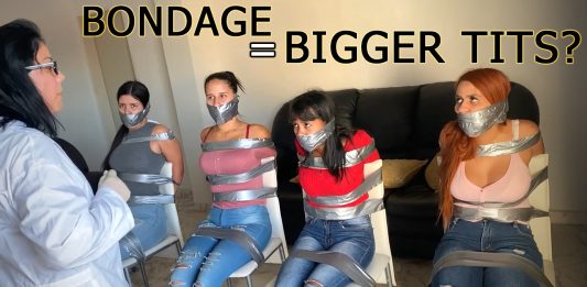 Doctor Boobsie Boo’s Bondage Boob Enlargement Clinic Four duct tape tied ladies bound on chairs are all tape wrap gagged by a female doctor.