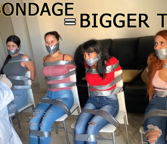 Doctor Boobsie Boo’s Bondage Boob Enlargement Clinic Four duct tape tied ladies bound on chairs are all tape wrap gagged by a female doctor.