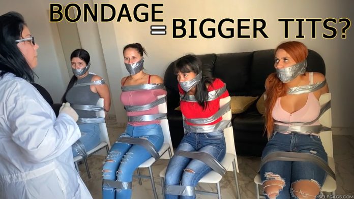 Four duct tape tied ladies bound on chairs are all tape wrap gagged by a female doctor.