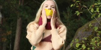 Blonde Hottie With A Fetish For Gags Blonde sweater girl self-gagged in forest
