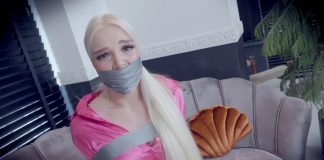 Blonde Luna Tied Up In Heels And Stockings Blonde woman tape wrap gagged in tight tape bondage