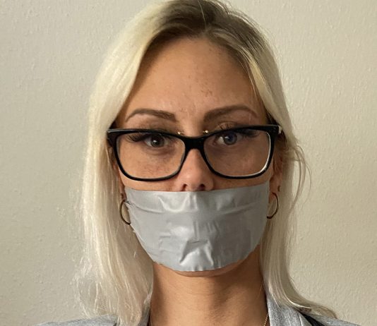 Hot Officer Worker Liz In Bondage Tape Gagged Blonde Girl With Glasses