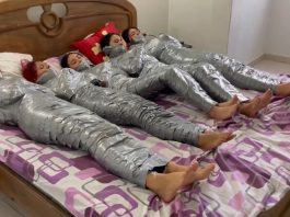5 barefoot girls gagged in strict duct tape mummification bondage