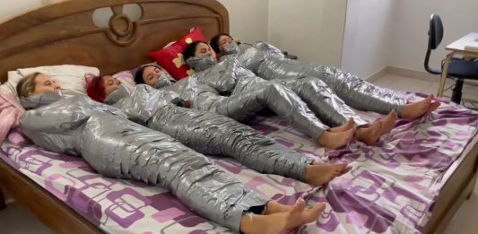 5 Mummified Girls Struggle All Wrapped Up And Gagged – Selfgags 5 barefoot girls gagged in strict duct tape mummification bondage