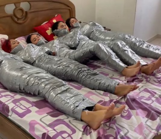 5 Mummified Girls Struggle All Wrapped Up And Gagged – Selfgags 5 barefoot girls gagged in strict duct tape mummification bondage