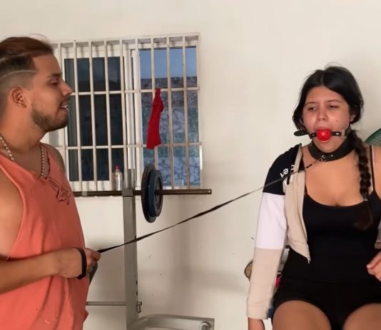 Slave Training The Personal Trainer – Selfgags Ball gagged girl collared and leashed while working out on a bike