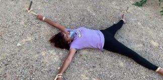 Tied Spreadeagle During Yoga Class – Selfgags Stretched girl tape gagged and rope tied spreadeagle outdoors