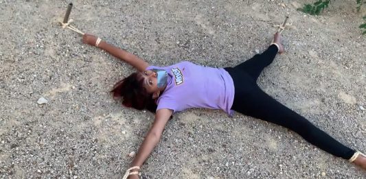 Tied Spreadeagle During Yoga Class – Selfgags Stretched girl tape gagged and rope tied spreadeagle outdoors