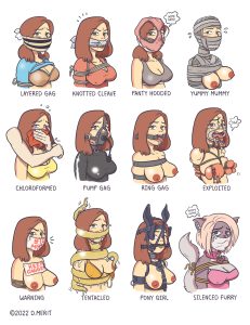 A bondage art illustration showing 12 different ways to bind and gag a woman