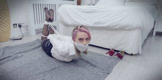 Popstar Chloe Toy Tied Up By Crazy Stalker Woman wearing pantyhose is hogtied and otm gagged in blouse on the floor