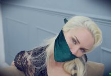 Blonde secretary Ashley James nicely gagged with a scarf as an over the mouth gag