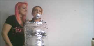 Mummified By Her Lesbian Lover – Selfgags Mummified and bound with shiny duct tape