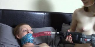 Harsh Bondage Machine Fucking In Mommy’s Bed – Selfgags Tightly tape gagged woman is shown a dildo on a fucking machine