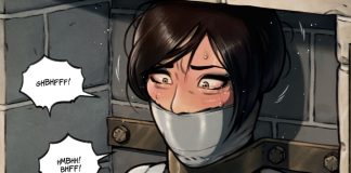 A BDSM illustration showing spy girl Ada Wong gagged and mummified