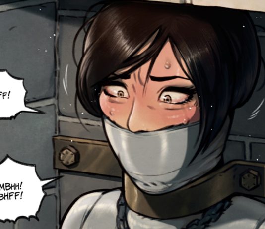 Spy Girl Mummified And Bricked – BDSM Art A BDSM illustration showing spy girl Ada Wong gagged and mummified