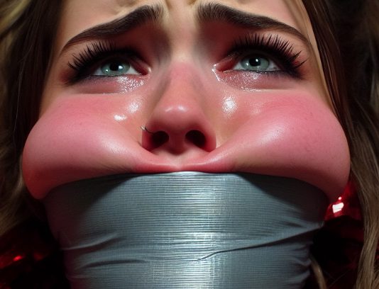 Tape Gagged Cheerleaders in Trouble – AI Art A super tightly tape gagged cheerleader with bulging cheeks