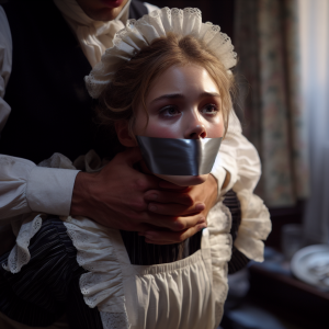 American actress Chloë Grace Moretz is tape gagged wearing a maid costume. Her Master is holding her throat to make sure she stays submissive!