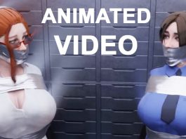 Two busty women tape tied and wrap gagged in animated 3D bondage video