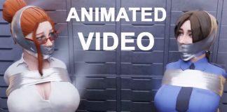 Two busty women tape tied and wrap gagged in animated 3D bondage video