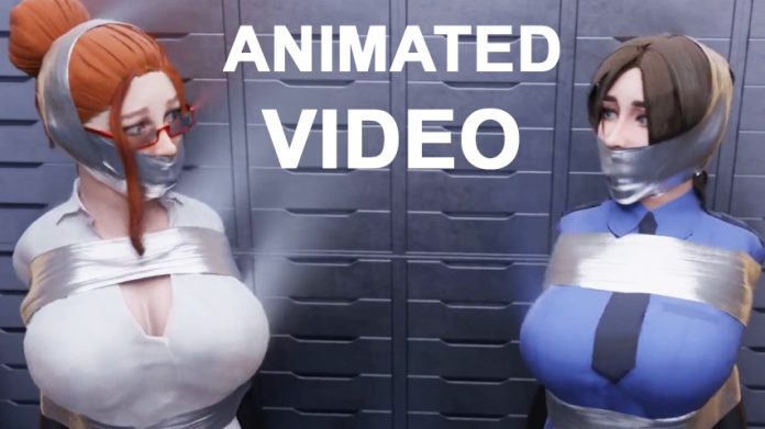 Two busty women tape tied and wrap gagged in animated 3D bondage video