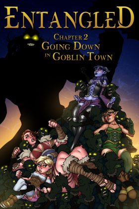 An erotic BDSM comic featuring four heroines in Goblin Town, facing bondage, submission, and dark desires from goblins as they endure intense sexual torment and struggle to escape.