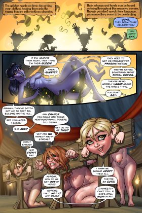 An erotic BDSM comic featuring four heroines in Goblin Town, facing bondage, submission, and dark desires from goblins as they endure intense sexual torment and struggle to escape.