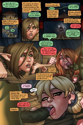 An erotic BDSM comic featuring four heroines in Goblin Town, facing bondage, submission, and dark desires from goblins as they endure intense sexual torment and struggle to escape.