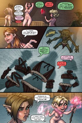 An erotic BDSM comic featuring four heroines in Goblin Town, facing bondage, submission, and dark desires from goblins as they endure intense sexual torment and struggle to escape.