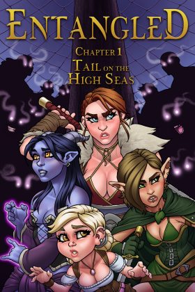 Four heroines bound on a ship, facing bondage, domination, and magical dangers in a BDSM fantasy comic.