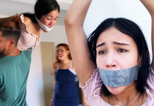 Gagged sales assistant Barby Luna in bondage