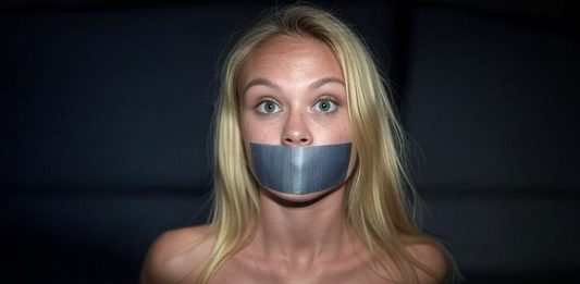 Danish Event Girl Asta Bound and Tape Gagged in Darkness Blonde Danish event girl named Asta, duct tape gagged and bound, wearing a black glittering top, wide-eyed and staring fearfully in a dark setting.