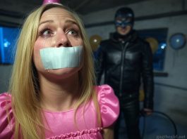 An 18-year-old birthday girl in a pink dress and party hat, duct tape gagged with tears streaming. A leather-clad sadist with a whip looms ominously.